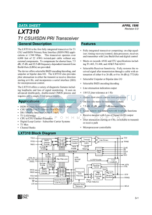 LXT310 datasheet - T1 CSU/ISDN PRI Transceiver