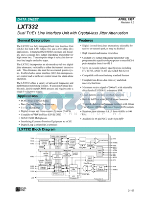 LXT332PE datasheet - Dual T1/E1 Line Interface Unit with Crystal-less Attenuation