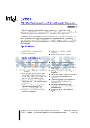 LXT351 datasheet - T1/E1 Short Haul Transceiver with Crystal-less Jitter Attenuation