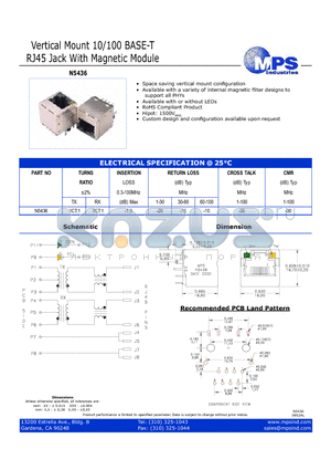 N5436 datasheet - Vertical Mount 10/100 BASE-T RJ45 Jack With Magnetic Module