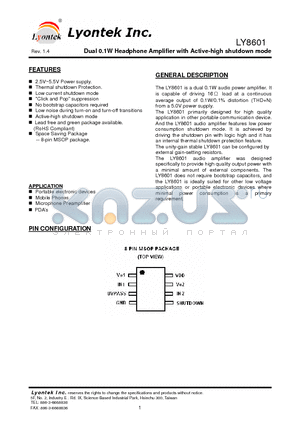 LY8601UL datasheet - Dual 0.1W Headphone Amplifier with Active-high shutdown mode