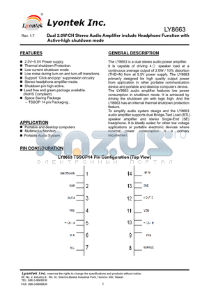 LY8663IL datasheet - Dual 2.0W/CH Stereo Audio Amplifier include Headphone Function with Active-high shutdown mode