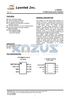 LY8891BL datasheet - 1.0 Watt Audio power Amplifier