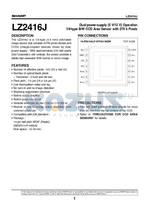 LZ2416J datasheet - Dual-power-supply (5 V/12 V) Operation 1/4-type B/W CCD Area Sensor with 270 k Pixels
