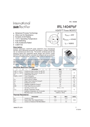IRL1404PBF datasheet - HEXFET^ Power MOSFET ( VDSS = 40V , RDS(on) = 4.0mY , ID = 160A )
