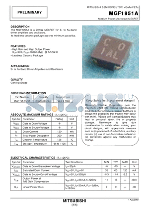 MGF1951A-01 datasheet - Medium Power Microwave MESFET