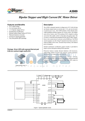 A3989 datasheet - Bipolar Stepper and High Current DC Motor Driver