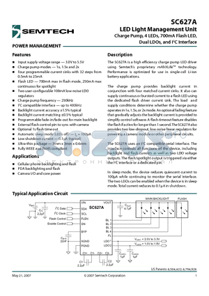 SC627A datasheet - LED Light Management Unit Charge Pump, 4 LEDs, 700mA Flash LED, Dual LDOs, and I2C Interface