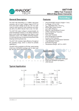 AAT1149 datasheet - 3MHz Fast Transient 400mA Step-Down Converter
