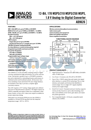 AD9626BCPZ-250 datasheet - 12-Bit, 170 MSPS/210 MSPS/250 MSPS, 1.8 V Analog-to-Digital Converter