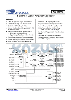 CS44600 datasheet - 6-Channel Digital Amplifier Controller