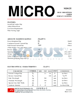 M2012Y datasheet - HIGH BRIGHTNESS AMBER SURFACE LIGHTING