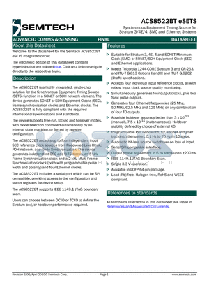 ACS8522BT datasheet - orderSynchronous Equipment Timing Source for Stratum 3/4E/4, SMC and Ethernet Systems