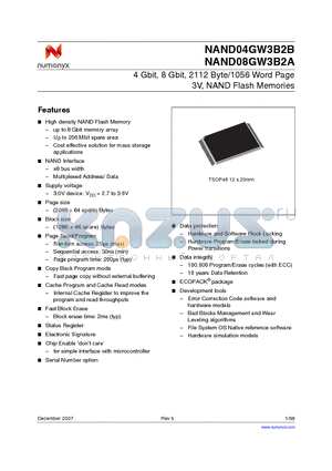 NAND08GW3B2BN6E datasheet - 4 Gbit, 8 Gbit, 2112 Byte/1056 Word Page 3V, NAND Flash Memories
