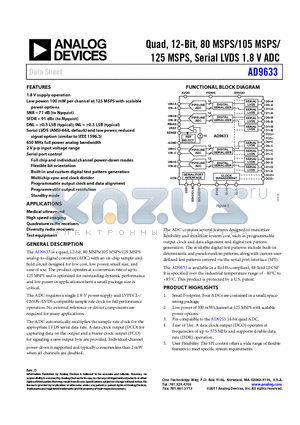 AD9633BCPZRL7-125 datasheet - Quad, 12-Bit, 80 MSPS/105 MSPS