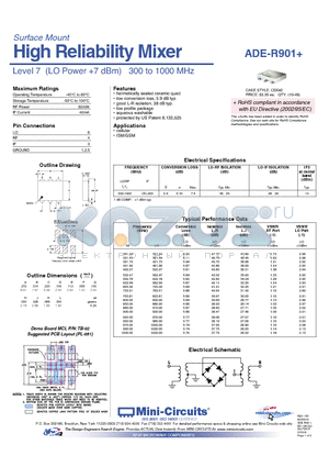 ADE-R901+ datasheet - High Reliability Mixer Level 7 (LO Power 7 dBm) 300 to 1000 MHz