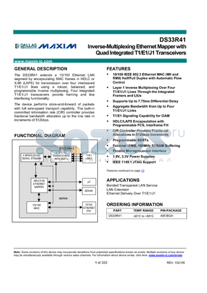 DS33R41 datasheet - Inverse-Multiplexing Ethernet Mapper with Quad Integrated T1/E1/J1 Transceivers