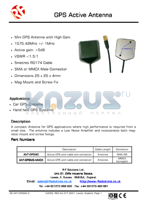 DS-GPSMG-2 datasheet - A compact Antenna for GPS applications where high performance is required from a small size. The antenna includes a Low Noise Amplifier and incorporates both magnetic mount and screw fixings.