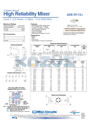 ADE-R11X datasheet - High Reliability Mixer Level 7 (LO Power 7 dBm) 10 to 2000 MHz