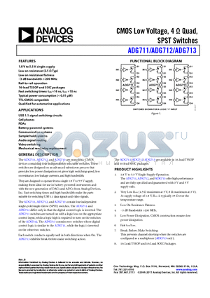 ADG711BRUZ datasheet - CMOS Low Voltage, 4 Y Quad, SPST Switches