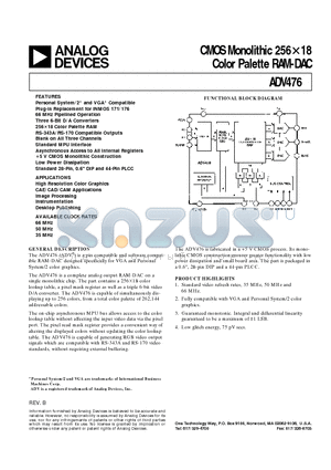 ADV476 datasheet - CMOS Monolithic 256x18 Color Palette RAM-DAC