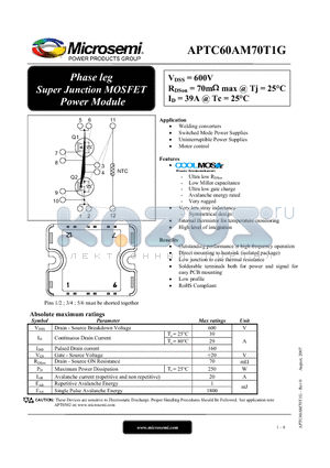 APTC60AM70T1G datasheet - Phase leg Super Junction MOSFET Power Module