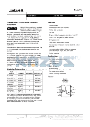 EL2270CS-T7 datasheet - 70MHz/1mA Current Mode Feedback Amplifiers