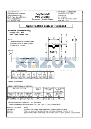 NANOSMDC150 datasheet - PolySwitch PTC Devices Overcurrent Protection Device