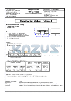 NANOSMDM050 datasheet - PolySwitch PTC Devices Overcurrent Protection Device