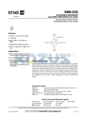 NBB-310-D datasheet - CASCADABLE BROADBAND GaAs MMIC AMPLIFIER DC TO 12GHz