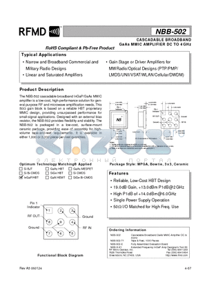 NBB-502_06 datasheet - CASCADABLE BROADBAND GaAs MMIC AMPLIFIER DC TO 4GHz