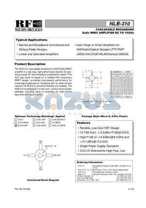 NBB-X-K1 datasheet - CASCADABLE BROADBAND GaAs MMIC AMPLIFIER DC TO 10GHz