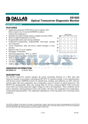 DS1852B-000 datasheet - Optical Transceiver Diagnostic Monitor