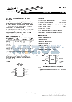 HA7210IB datasheet - 10kHz to 10MHz, Low Power Crystal Oscillator