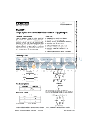 NC7NZ14 datasheet - TinyLogic UHS Inverter with Schmitt Trigger Input