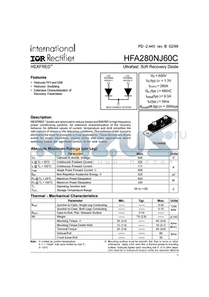 HFA280NJ60C datasheet - Ultrafast, Soft Recovery Diode