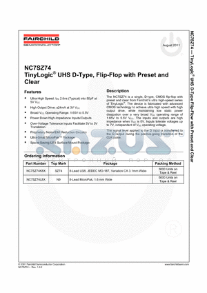 NC7SZ74_11 datasheet - TinyLogic^ UHS D-Type, Flip-Flop with Preset and Clear