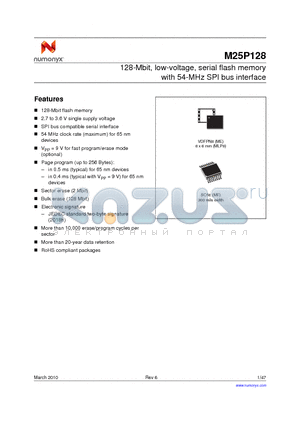 M25P128-VMF6TPB datasheet - 128-Mbit, low-voltage, serial flash memory with 54-MHz SPI bus interface