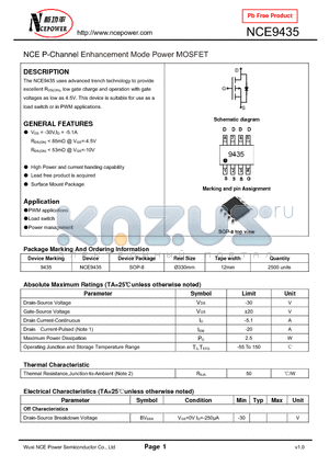 NCE9435 datasheet - NCE P-Channel Enhancement Mode Power MOSFET