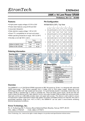 EM564161BA-70 datasheet - 256K x 16 Low Power SRAM