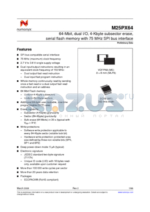 M25PX64-STVMF6E datasheet - 64-Mbit, dual I/O, 4-Kbyte subsector erase, serial flash memory with 75 MHz SPI bus interface