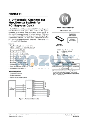 NCN3411 datasheet - 4-Differential Channel 1:2 Mux/Demux Switch for PCI Express Gen3