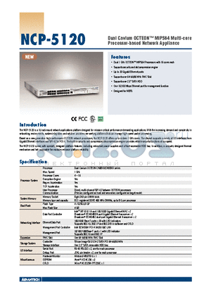 NCP-5120 datasheet - Dual Cavium OCTEON MIPS64 Multi-core Processor-based Network Appliance