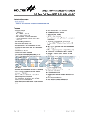 HT82A6208 datasheet - A/D Type Full Speed USB 8-Bit MCU with SPI