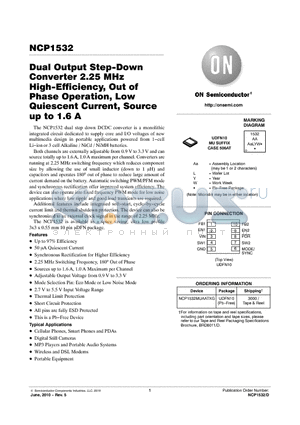 NCP1532MUAATXG datasheet - Dual Output Step-Down Converter 2.25 MHz High-Efficiency, Out of Phase Operation, Low Quiescent Current, Source up to 1.6 A