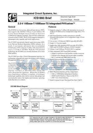 ICS1893BRIEF datasheet - 3.3-V 10Base-T/100Base-TX Integrated PHYceiver