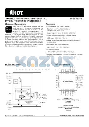ICS8432BYI-51T datasheet - 700MHZ, CYRSTAL-TO-3.3V DIFFERENTIAL LVPECL FREQUENCY SYNTHESIZER