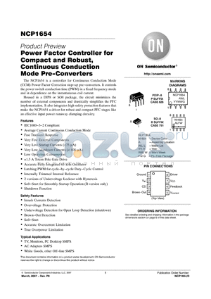 NCP1654 datasheet - Power Factor Controller for Compact and Robust, Continuous Conduction Mode Pre−Converters