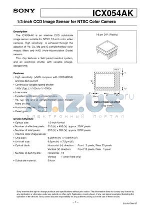 ICX044BKA datasheet - 1/3-inch CCD Image Sensor for NTSC Color Camera