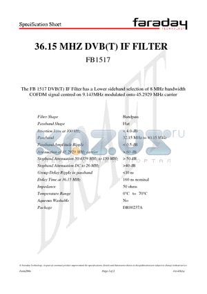FB1517 datasheet - 36.15 MHZ DVB(T) IF FILTER